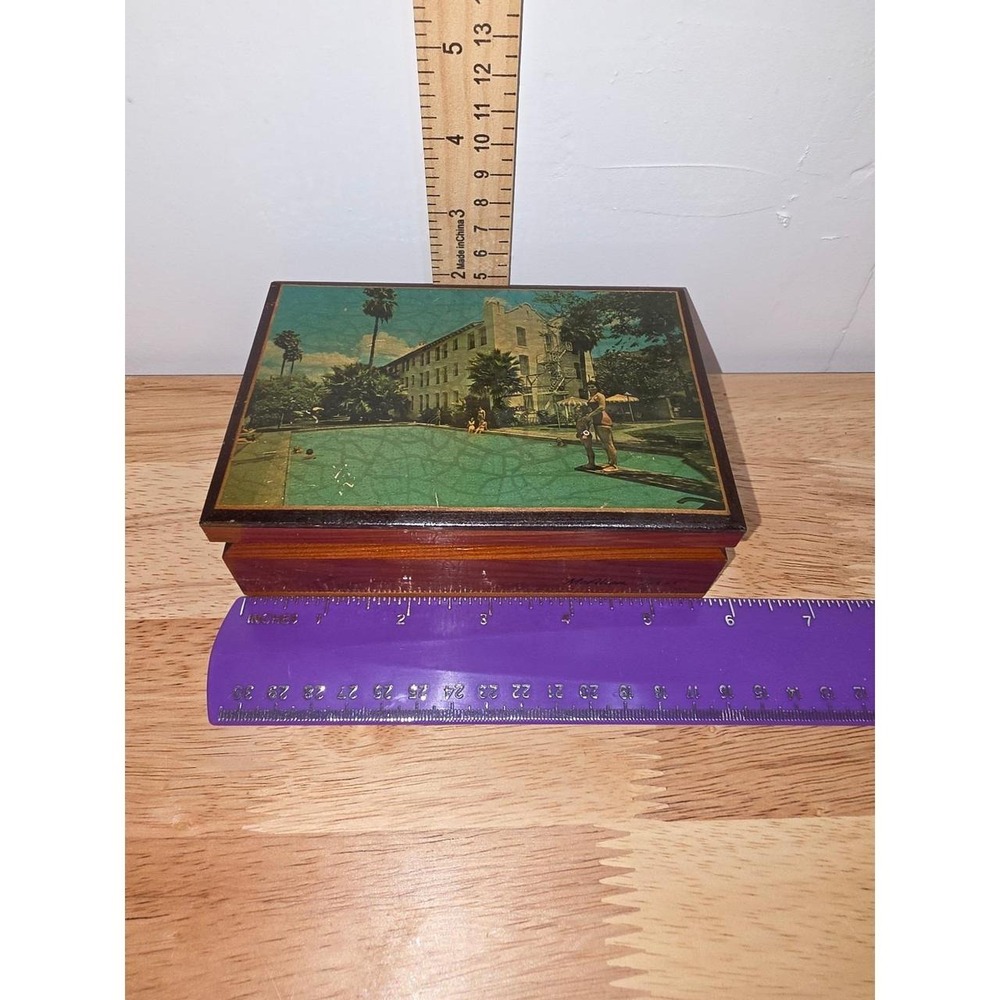 vintage wooden decorative box applied mid-century photo or souvenir McAllen Tx